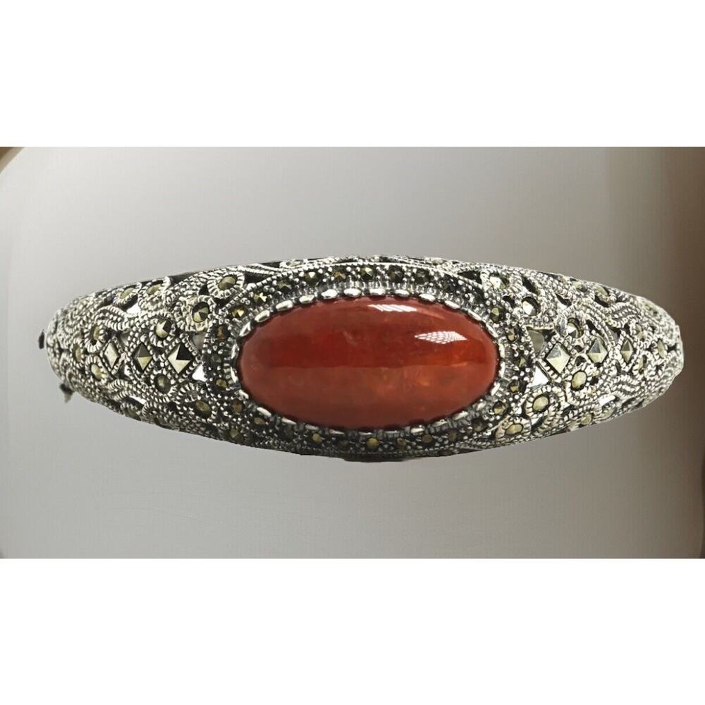 Sterling Silver Bracelet Oval Jadeite Jade Marcasite Open Filigree Hinged Vntg